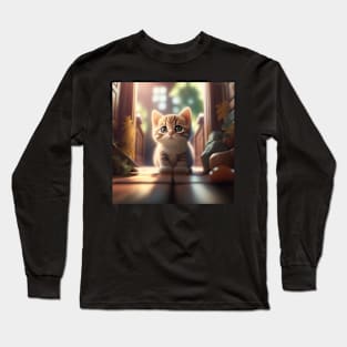 Cute Brown Kitten at Home | White, brown and red cat with green eyes | Digital art Sticker Long Sleeve T-Shirt